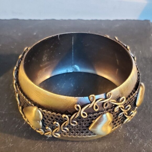 Vintage Y2K 90s Victorian Grunge Steampunk Bronze Hearts Metal Bangle Bracelet - Picture 5 of 12